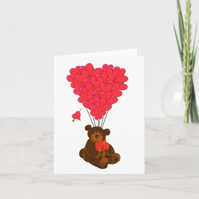 Teddy bear and heart balloons holiday card (Front)