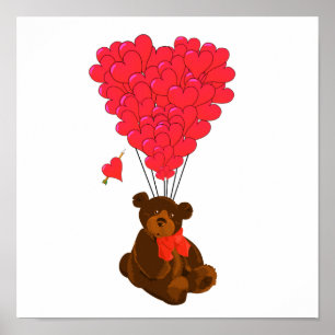 Teddy bear and heart balloons poster