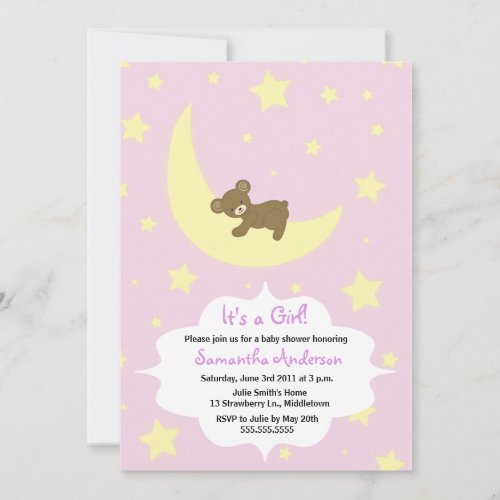 Teddy Bear and Moon Baby Shower Invite - Girl