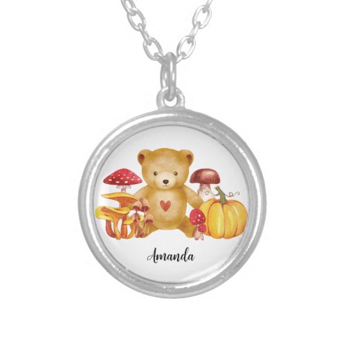 Teddy Bear and Mushroom Wonderland Magnetic Wooden Silver Plated Necklace