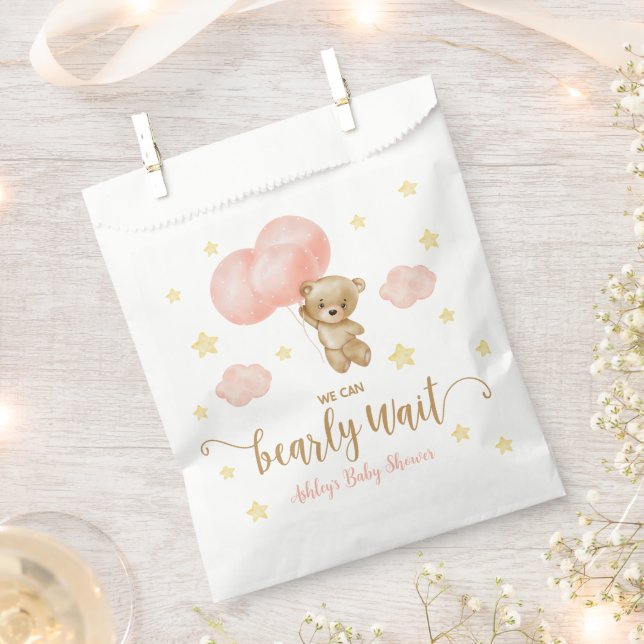 Teddy Bear and Pink Balloons Baby Shower Favor Bag (Clipped)