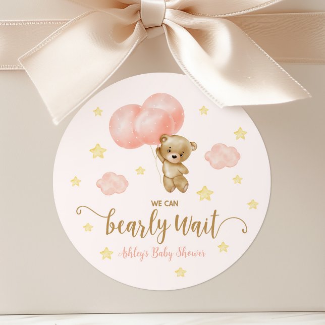 Teddy Bear and Pink Balloons Baby Shower Favor Classic Round Sticker (Creator Uploaded)