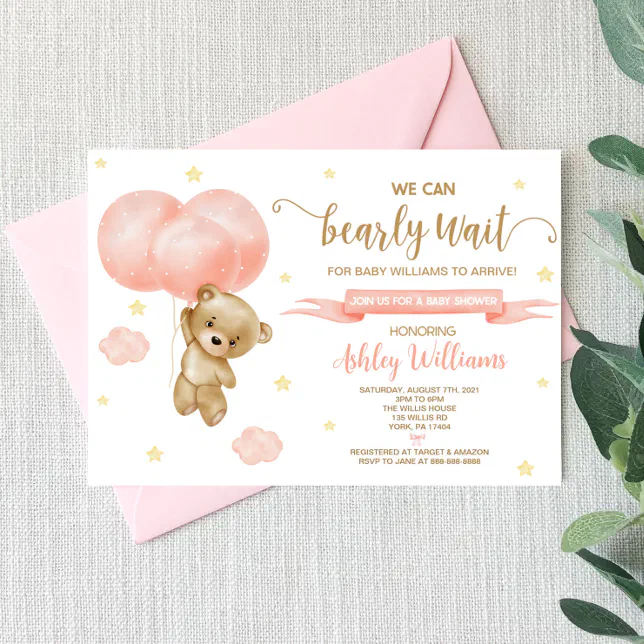 Teddy Bear and Pink Balloons Baby Shower Invitation | Zazzle