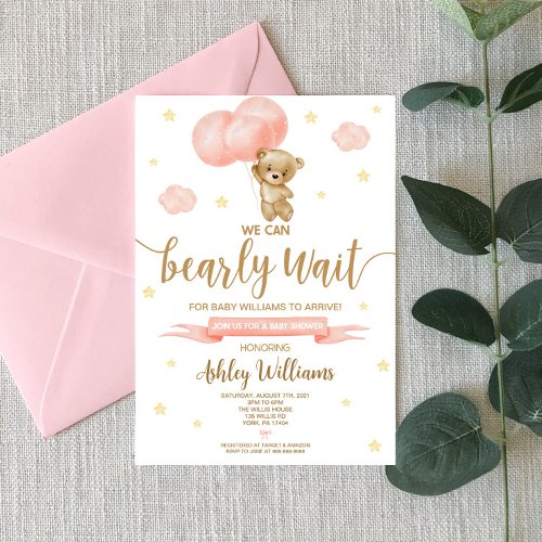 Teddy Bear and Pink Balloons Baby Shower Invitation