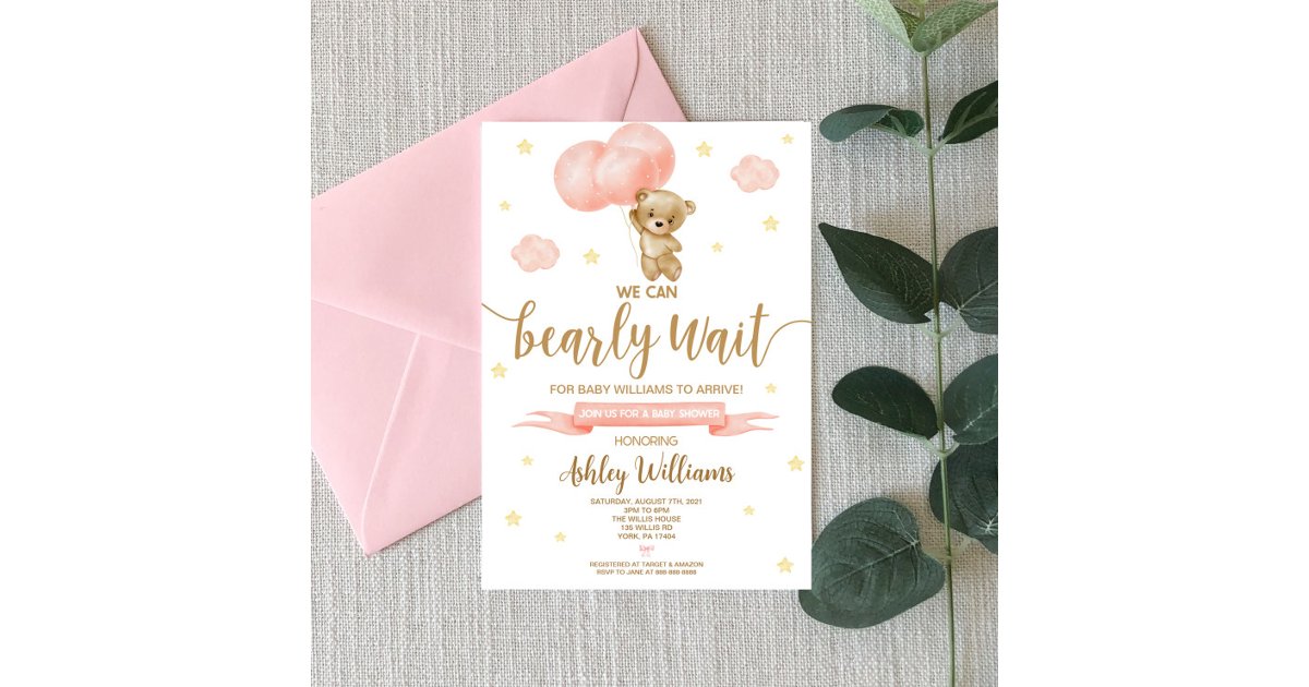 Teddy Bear and Pink Balloons Baby Shower Invitation | Zazzle