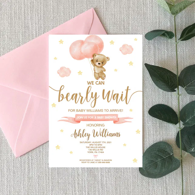 Teddy Bear and Pink Balloons Baby Shower Invitation | Zazzle