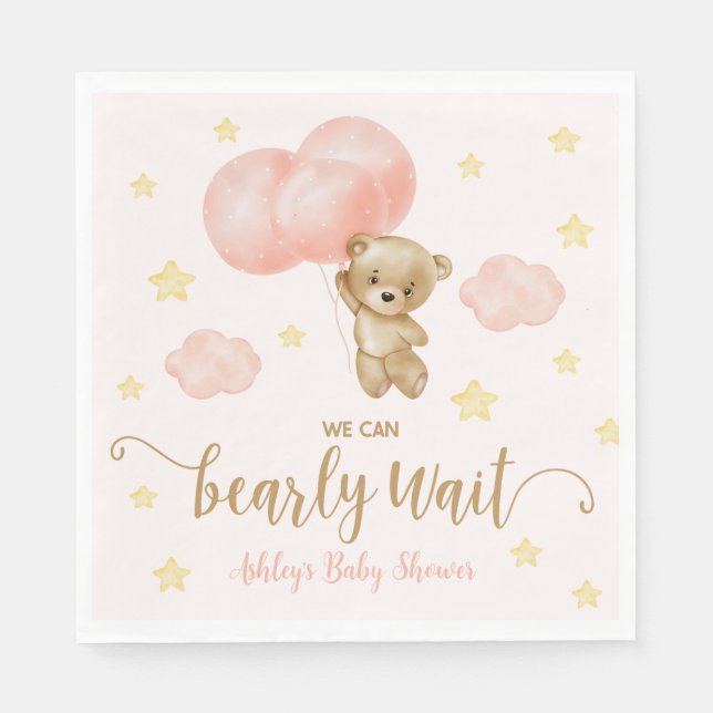 Teddy Bear and Pink Balloons Baby Shower Napkins (Front)