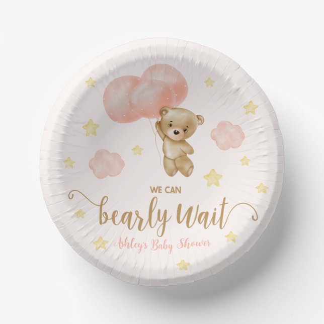 Teddy Bear and Pink Balloons Baby Shower Paper Bowls (Front)