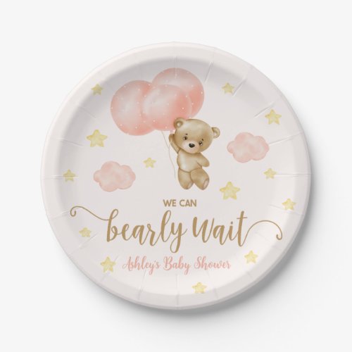 Teddy Bear and Pink Balloons Baby Shower Paper Plates
