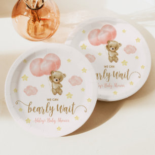 Teddy Bear and Pink Balloons Baby Shower Paper Plates
