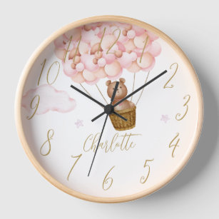 Teddy Bear And Pink Balloons Personalized Clock