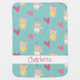 Teddy Bear and Pink Love Hearts Girly Baby Blanket