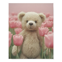 Teddy Bear and pink tulip Nursery Poster