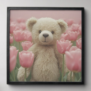 Teddy Bear and pink tulip Nursery Poster Peel And Stick Photo Tile