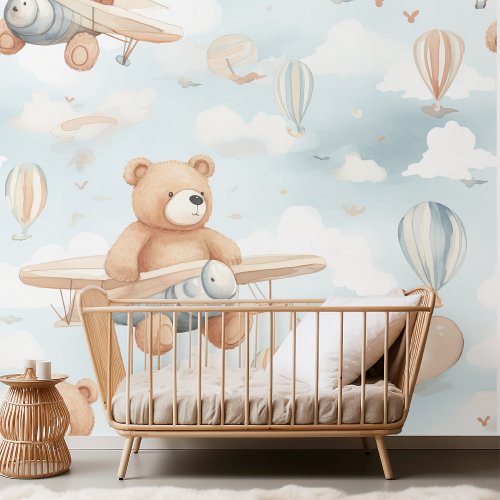 Teddy Bear and Plane Kids Seamless Pattern Wallpaper