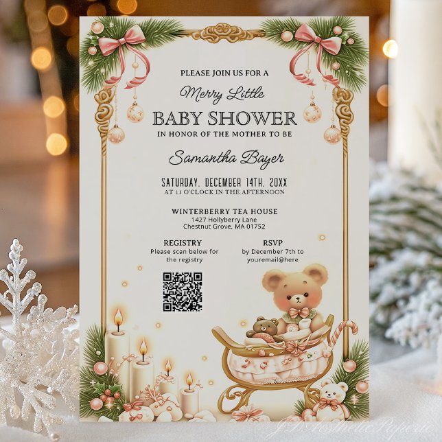 Teddy Bear and Ribbons Christmas Baby Shower  Invitation (Creator Uploaded)