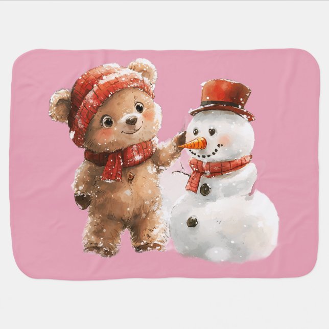 Teddy Bear and Snowman Baby Blanket (Horizontal)