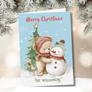 Teddy Bear and Snowman Christmas Tree Card