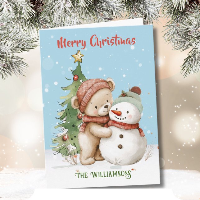 Teddy Bear and Snowman Christmas Tree  Card (Creator Uploaded)
