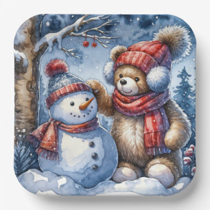 Teddy Bear and Snowman Paper Plates
