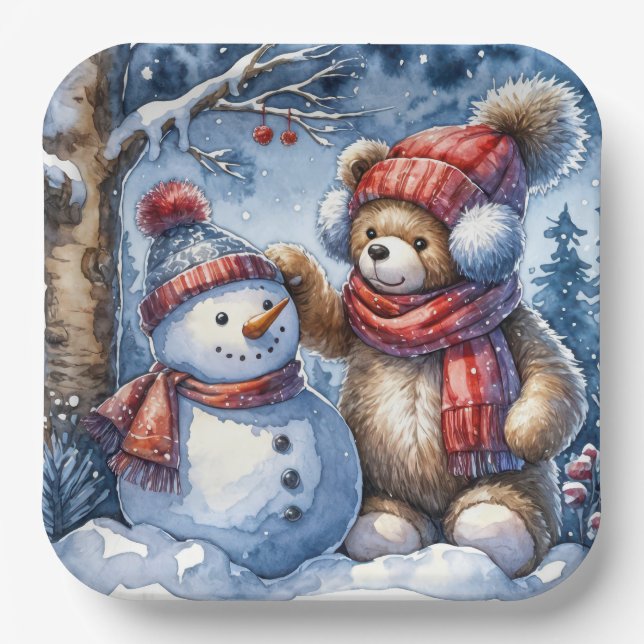 Teddy Bear and Snowman Paper Plates (Front)