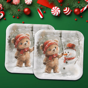 Teddy Bear and Snowman Paper Plates