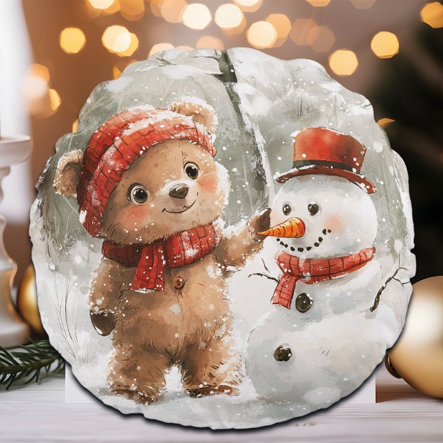 Teddy Bear and Snowman Round Pillow (Creator Uploaded)
