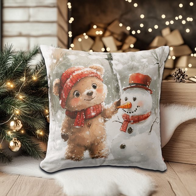 Teddy Bear and Snowman Throw Pillow (Creator Uploaded)