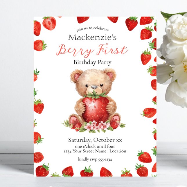 Teddy Bear and Strawberry Berry First Birthday Invitation (Creator Uploaded)