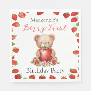 Teddy Bear and Strawberry Berry First Birthday Napkins