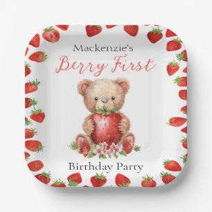 Teddy Bear and Strawberry Berry First Birthday Paper Plates