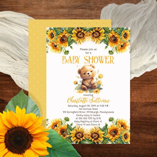 Teddy Bear and Sunflowers Baby Shower Invitation