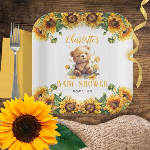 Teddy Bear and Sunflowers Baby Shower Paper Plates