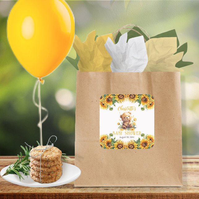 Teddy Bear and Sunflowers Baby Shower Square Sticker (Creator Uploaded)