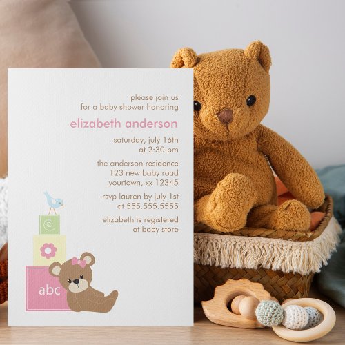 Teddy Bear and Toy Blocks Girl Baby Shower Invitation