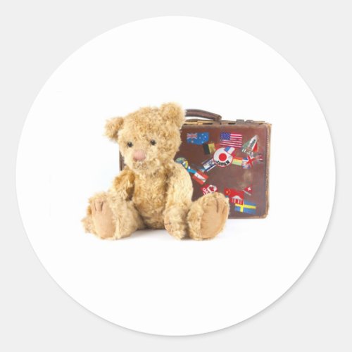 teddy bear and vintage old suitcase with world sti classic round sticker