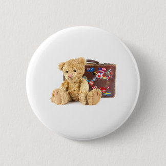 teddy bear and vintage old suitcase with world sti pinback button