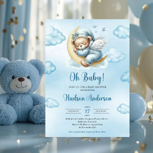 Teddy bear angels wings sleeping over the moon invitation