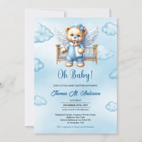 Teddy bear angels wings with baby crib invitation