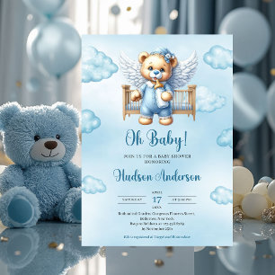Teddy bear angels wings with baby crib invitation