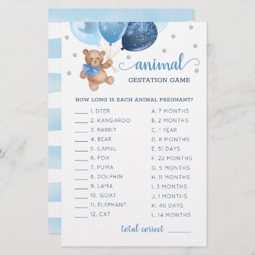 Teddy Bear Animal Gestation Game Baby Shower