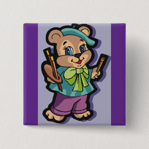 Teddy Bear Artist with Beret and Paint Brushes Button