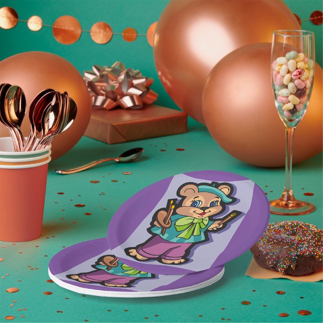 Teddy Bear Artist with Beret and Paint Brushes Paper Plates (Creator Uploaded)