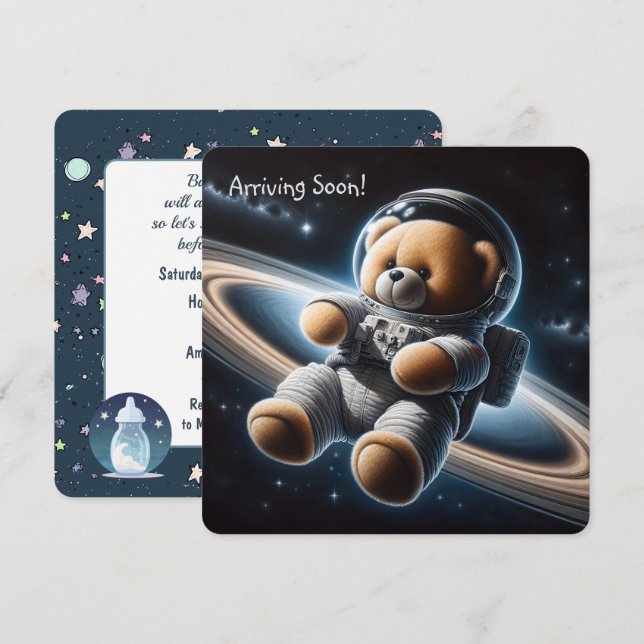 Teddy Bear Astronaut Baby Boy Shower  Invitation (Front/Back)