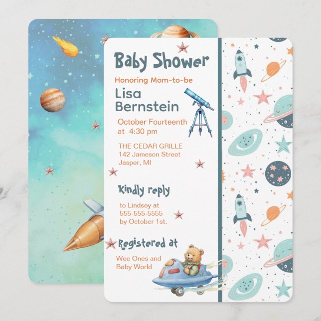 Teddy Bear Astronaut In Space Baby Shower Invitation (Front/Back)