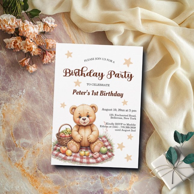 Teddy Bear at Picnic 1st Birthday Party Invitation (Creator Uploaded)