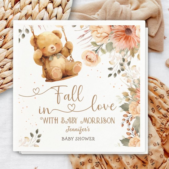 Teddy Bear Autumn Baby Shower Fall in Love Paper Napkins (Creator Uploaded)