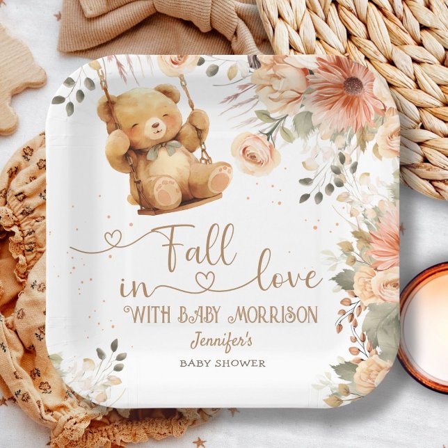 Teddy Bear Autumn Fall Baby Shower Fall in Love Paper Plates (Creator Uploaded)