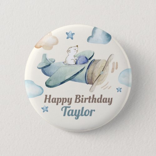 Teddy Bear Aviator Birthday for Boy Button