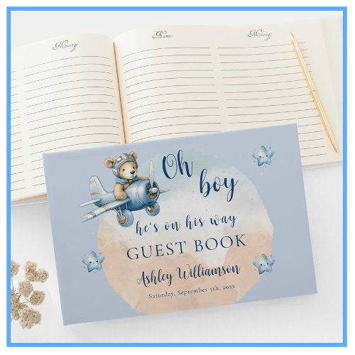 Teddy Bear Aviator Oh Boy Baby Shower Guest Book